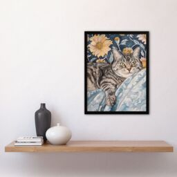 "Artery8 Cat Lover Tabby Moggie Elegant Floral Portrait Framed Wall Art in Blue - Size: W12"" x H16""" - thumbnail 4