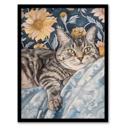 "Artery8 Cat Lover Tabby Moggie Elegant Floral Portrait Framed Wall Art in Blue - Size: W12"" x H16""" - thumbnail 1