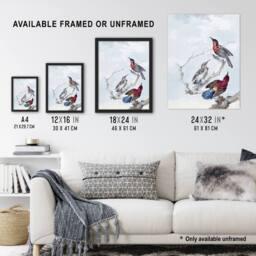 Artery8 Three Crimson Sunbirds Watercolour Schouman Framed Wall Art Print in Blue - Size: A4 - thumbnail 3
