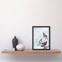 Artery8 Three Crimson Sunbirds Watercolour Schouman Framed Wall Art Print in Blue - Size: A4 - thumbnail 4