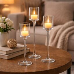 Marco Paul Set of 3 Tall Glass Tealight Holder Pillar Candle Holder in Clear - thumbnail 6
