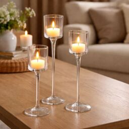 Marco Paul Set of 3 Tall Glass Tealight Holder Pillar Candle Holder in Clear - thumbnail 4