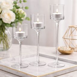 Marco Paul Set of 3 Tall Glass Tealight Holder Pillar Candle Holder in Clear - thumbnail 5