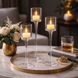 Marco Paul Set of 3 Tall Glass Tealight Holder Pillar Candle Holder in Clear - thumbnail 7