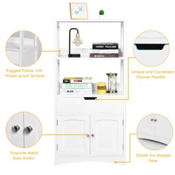 Costway Bathroom Floor Cabinet Wooden Tall Storage Cupboard Freestanding 2 Open Shelves in White - thumbnail 6