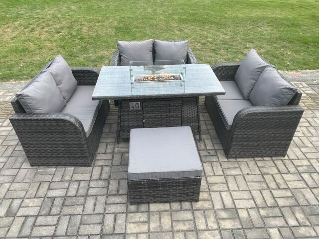 Fimous Rattan Outdoor Garden Furniture Sofa Set Gas Fire Pit Dining Table Gas Heater with Love Sofa Big Footstool Dark Grey Mixed - image 1