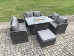 Fimous Rattan Outdoor Garden Furniture Sofa Set Gas Fire Pit Dining Table Gas Heater with Love Sofa Big Footstool Dark Grey Mixed - thumbnail 3
