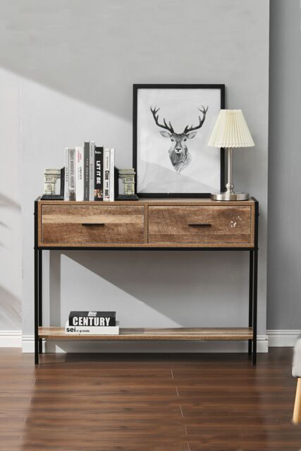 Living and Home Rustic Brown Metal Frame Console Table with 2 Drawer and Shelf - image 1