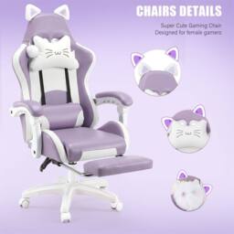 NESTLUNE Purple Gaming Chair with Cat Ears Height Adjustable - Size: 100 cm x 15 cm - thumbnail 3