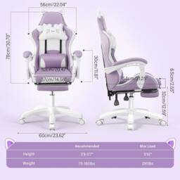 NESTLUNE Purple Gaming Chair with Cat Ears Height Adjustable - Size: 100 cm x 15 cm - thumbnail 2