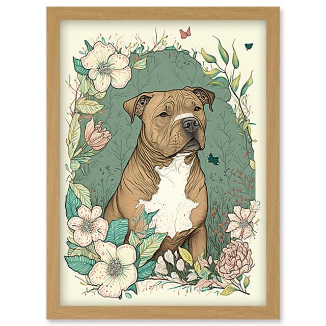 Artery8 Brown Staffordshire Bull Terrier & Flowers Modern Pastel Boho Illustration Artwork Framed Wall Art Print A4 in Light Oak - image 1