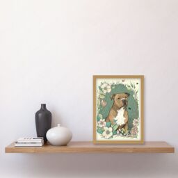 Artery8 Brown Staffordshire Bull Terrier & Flowers Modern Pastel Boho Illustration Artwork Framed Wall Art Print A4 in Light Oak - thumbnail 2