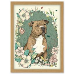 Artery8 Brown Staffordshire Bull Terrier & Flowers Modern Pastel Boho Illustration Artwork Framed Wall Art Print A4 in Light Oak - thumbnail 1