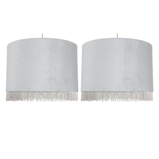 First Choice Lighting Set of 2 Fringed - Silvery Grey 38cm Fringed Velvet Pendant Shades in Silver - image 1