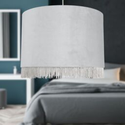 First Choice Lighting Set of 2 Fringed - Silvery Grey 38cm Fringed Velvet Pendant Shades in Silver - thumbnail 5