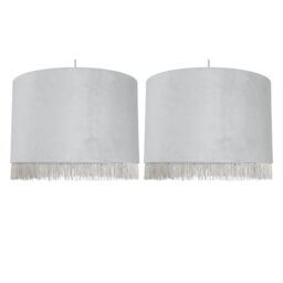 First Choice Lighting Set of 2 Fringed - Silvery Grey 38cm Fringed Velvet Pendant Shades in Silver