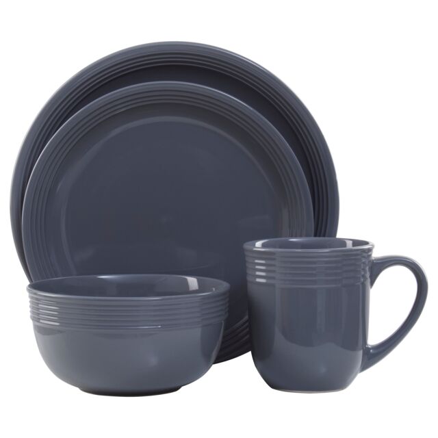 Orsina 16 Piece Dark Blue Stoneware Dinner Set With Horizontal Grooves, Dinnerware With Dinner Plates, Bowls, & Mugs in Grey - image 1