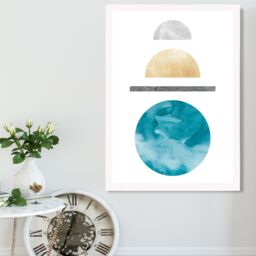 ARTZE Yellow & Aqua Circles Mid Century Geometric Framed Print SIZE: A4 with White Frame - thumbnail 2