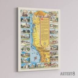 "Artery8 Putnam 1949 California Missions Map Canvas Wall Art Print - Size: W18"" x H24""" - thumbnail 2