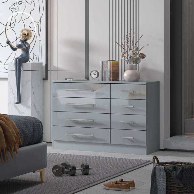 Harmin Grey 8 Drawer High Gloss Chest of Drawers - with sleek handles - image 1