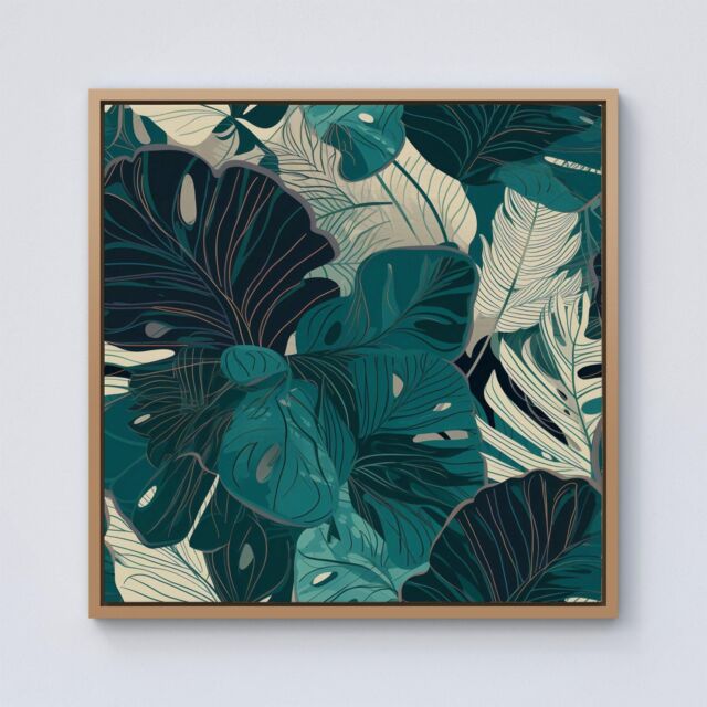 Warren Reed - Designer Tropical Green Leaves Framed Canvas in Light Brown - Size: w40 inch x h40 inch - image 1