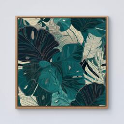 Warren Reed - Designer Tropical Green Leaves Framed Canvas in Light Brown - Size: w40 inch x h40 inch - thumbnail 1
