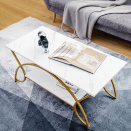 Gymax 2-Tier Coffee Table Rectangular Accent Table Faux Marble Gold Finish in White - thumbnail 2