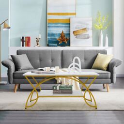 Gymax 2-Tier Coffee Table Rectangular Accent Table Faux Marble Gold Finish in White - thumbnail 6