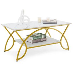 Gymax 2-Tier Coffee Table Rectangular Accent Table Faux Marble Gold Finish in White