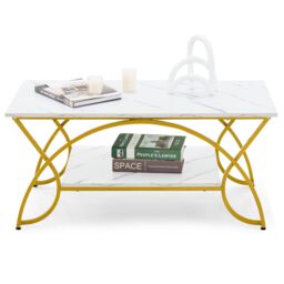 Gymax 2-Tier Coffee Table Rectangular Accent Table Faux Marble Gold Finish in White - thumbnail 5