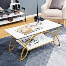 Gymax 2-Tier Coffee Table Rectangular Accent Table Faux Marble Gold Finish in White - thumbnail 4