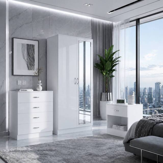 Harmin LUXURY White 3 Piece Bedroom Furniture Set - Wardrobe, Chest & Bedside - image 1