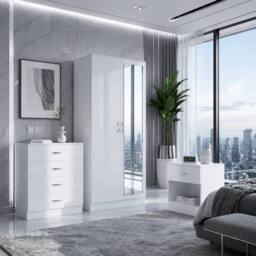 Harmin LUXURY White 3 Piece Bedroom Furniture Set - Wardrobe, Chest & Bedside