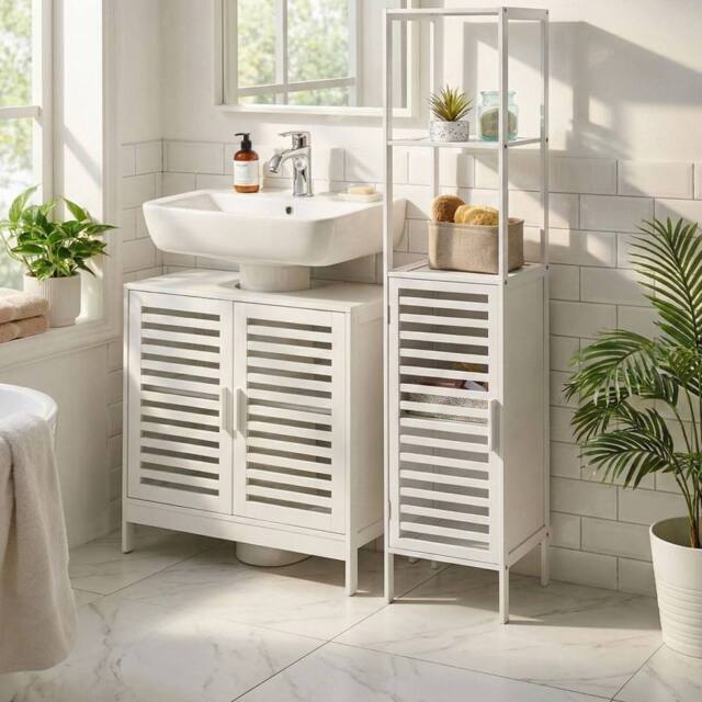 Wyld and Coco White Bamboo Bathroom Shelving Unit Door Modern Free Standing - image 1