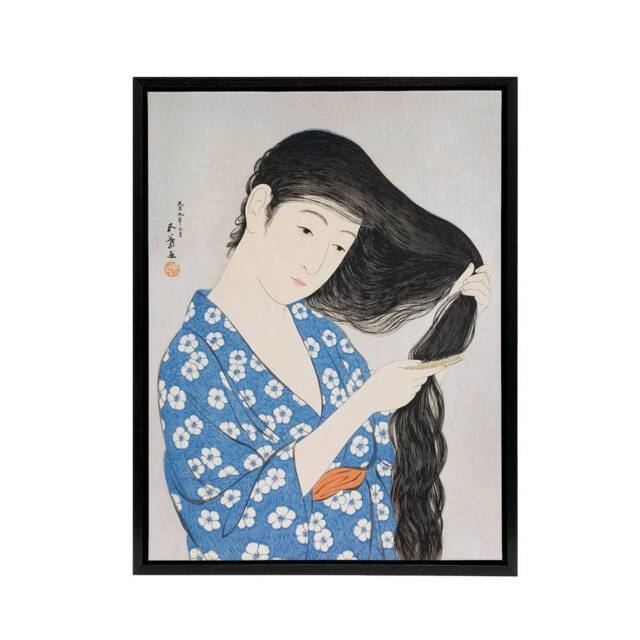 "Artery8 Woman Combing Her Hair Framed Canvas Wall Art Print Goyo Hashiguchi in Blue - Size: W24"" x H32""" - image 1