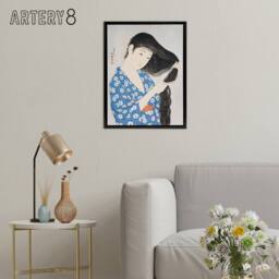"Artery8 Woman Combing Her Hair Framed Canvas Wall Art Print Goyo Hashiguchi in Blue - Size: W24"" x H32""" - thumbnail 3