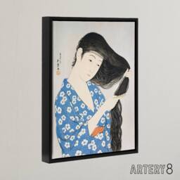 "Artery8 Woman Combing Her Hair Framed Canvas Wall Art Print Goyo Hashiguchi in Blue - Size: W24"" x H32""" - thumbnail 2