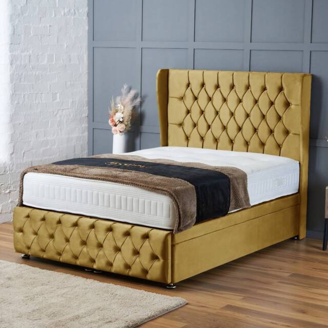 "BSSPOKE Bella Ottoman Divan Bed Plush Velvet 54""Headboard &Footboard Mattress in Mustard - Size: Small Double" - image 1