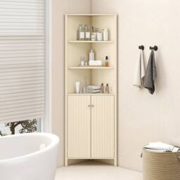 Costway Modern Corner Storage Cabinet w/ 5 Shelves Bathroom Tall Cabinet in Beige - thumbnail 4