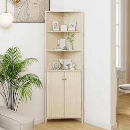 Costway Modern Corner Storage Cabinet w/ 5 Shelves Bathroom Tall Cabinet in Beige - thumbnail 3