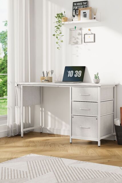 H&O Direct White Computer Desk with Fabric Drawers - image 1