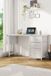 H&O Direct White Computer Desk with Fabric Drawers