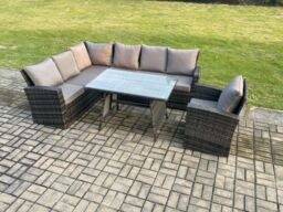 Fimous High Back Outdoor Garden Furniture Set Rattan Corner Sofa Dining Table Set With Armchair 7 Seater in Dark Grey - thumbnail 2