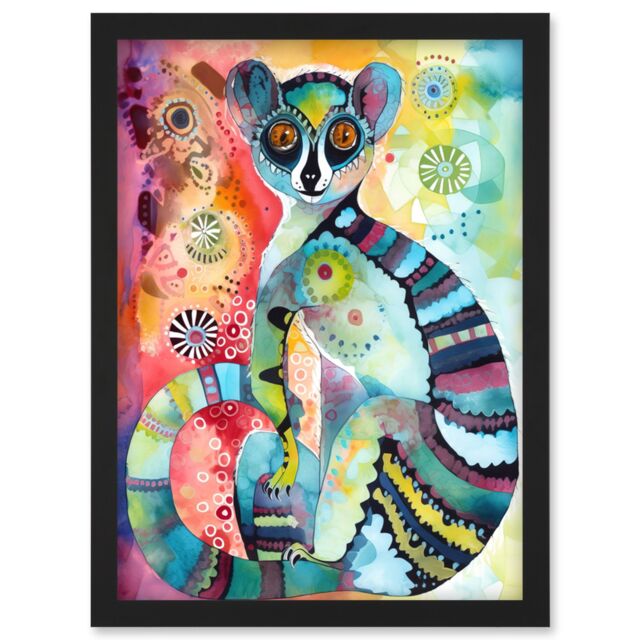 Artery8 Striped Ring-Tailed Lemur Multicoloured Folk Art Watercolour Painting Artwork Framed Wall Art Print A4 in Black - image 1