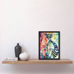 Artery8 Striped Ring-Tailed Lemur Multicoloured Folk Art Watercolour Painting Artwork Framed Wall Art Print A4 in Black - thumbnail 2