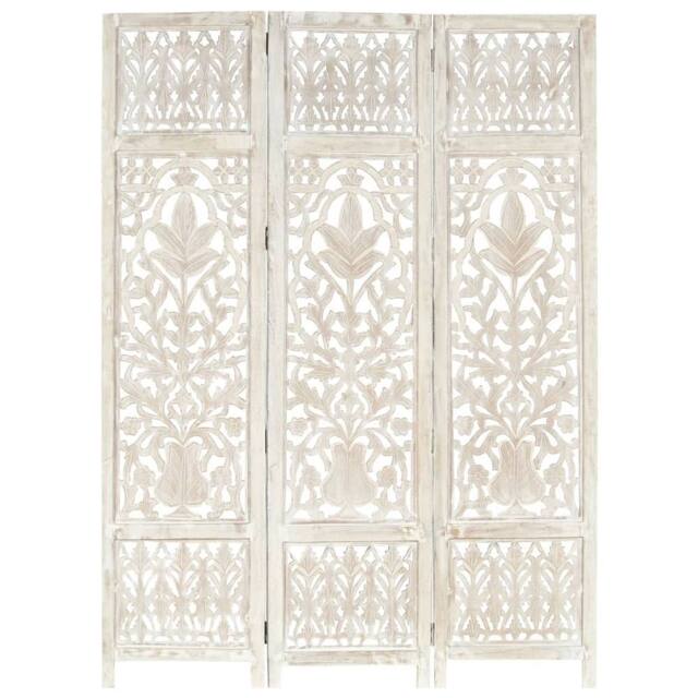 Berkfield Home Hand carved 3-Panel Room Divider White 120x165 cm Solid Mango Wood - image 1