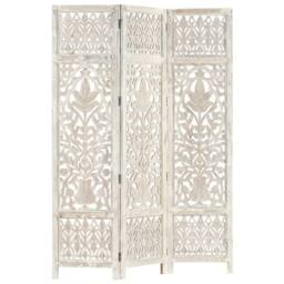 Berkfield Home Hand carved 3-Panel Room Divider White 120x165 cm Solid Mango Wood - thumbnail 5