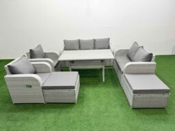 Fimous PE Rattan Garden Furniture Set Reclining Chair Sofa Double Love Seat 2 Seater Sofa Lounge Set Rectangular Dining Table 2 Big Footstool Light - thumbnail 1