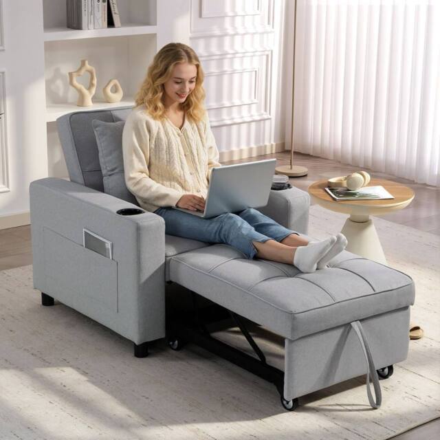 HOMCOM 3-in-1 Sofa Bed, Convertible Sleeper Chair with Adjustable Backrest in Light Grey - Size: 1 Seater - image 1