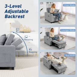 HOMCOM 3-in-1 Sofa Bed, Convertible Sleeper Chair with Adjustable Backrest in Light Grey - Size: 1 Seater - thumbnail 5